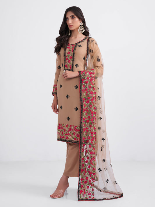 LightBrown Georgette Kurta Set  With Multi Thread, Sequins & Zari Embroidered With Stone Work