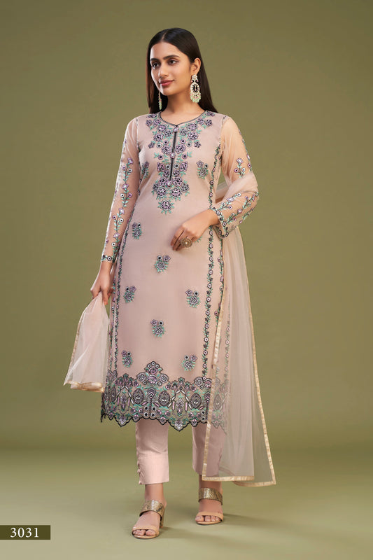 Peach Net Kurta Set  With Top Beautifully Crafted With Multi Thread Embroidered