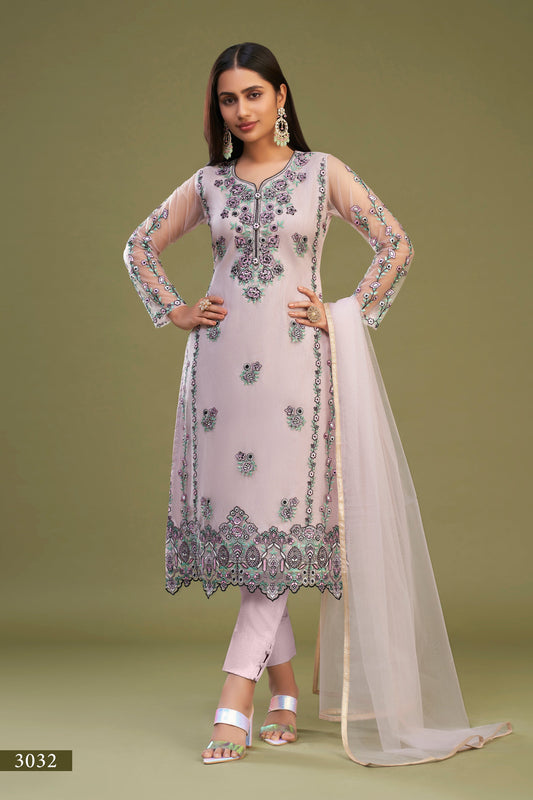 Pink Net Kurta Set  With Top Beautifully Crafted With Multi Thread Embroidered