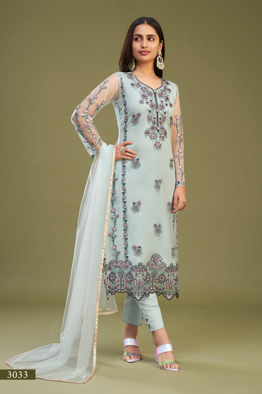 Firozi Net Kurta Set  With Top Beautifully Crafted With Multi Thread Embroidered