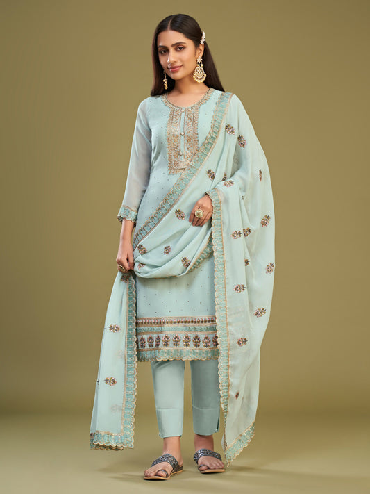 Firozi Georgette Kurta Set  With Multi Thread Embroidered With Swarovski Work