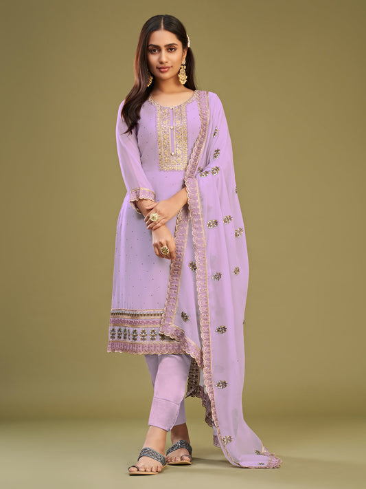 Lavender Georgette Kurta Set  With Multi Thread Embroidered With Swarovski Work