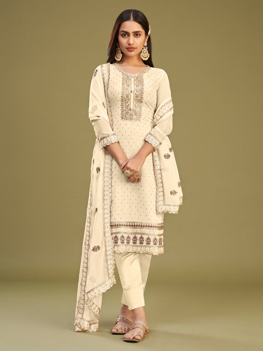 Offwhite Georgette Kurta Set  With Multi Thread Embroidered With Swarovski Work