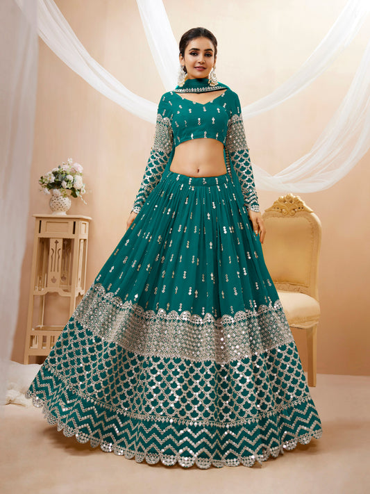 Teal Blue Women's Georgette Embroidery Lehenga Choli