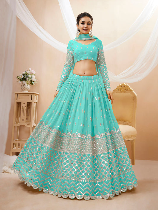 Sky Blue Women's Georgette Embroidery Lehenga Choli