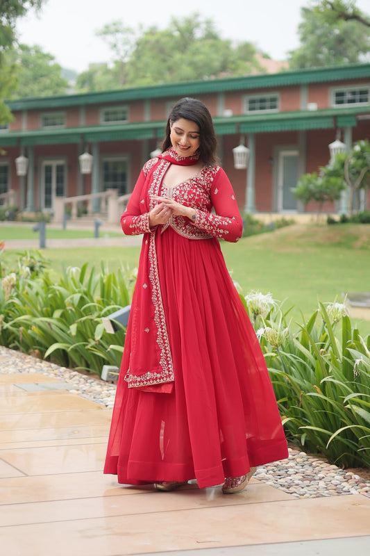 Red Sequins-Multi & Zari Embroidered Work Kurta