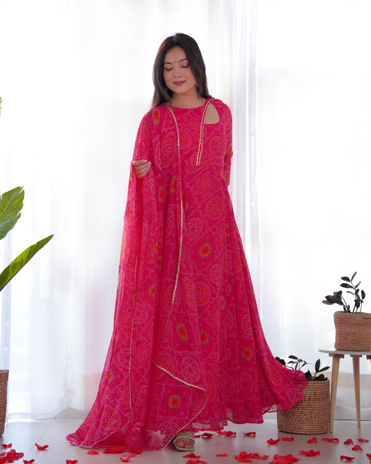 Pink Soft Lightweight Chiffon Bandhej  Kurta Set  With Bandhej Work