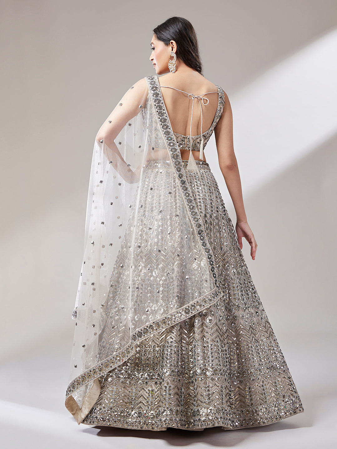 Beige - Net Mirror & Sequins Embroiderey Lehenga Set