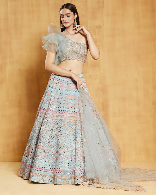 Sage Green Mirror Embroidery Work Lehenga