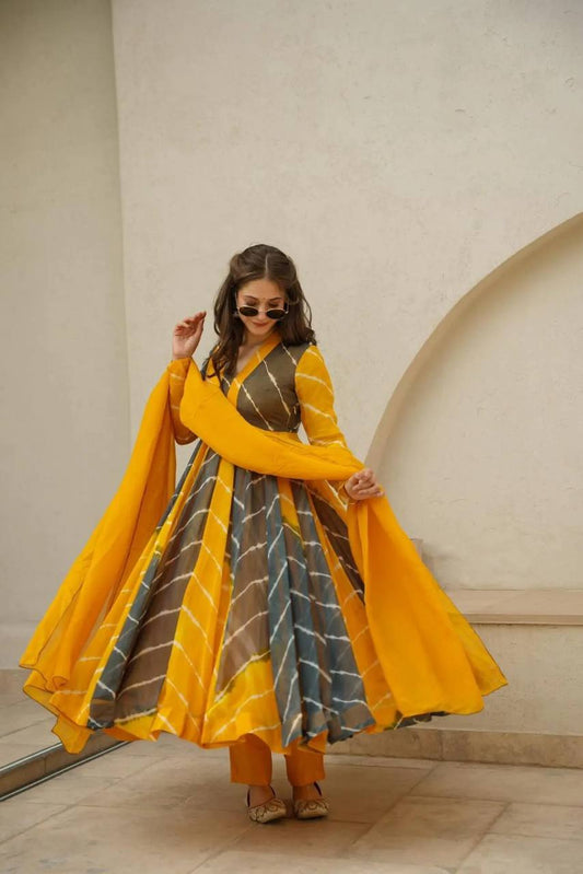 Yellow Leheriya Anarkali Kurta Set