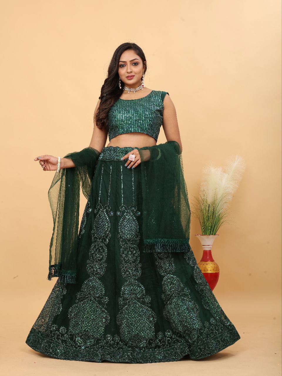 Green Embroidered Party Wear Lehenga
