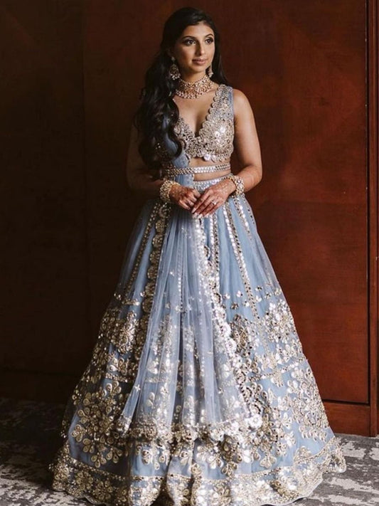 Powder Blue Zari Mirror Work Lehenga