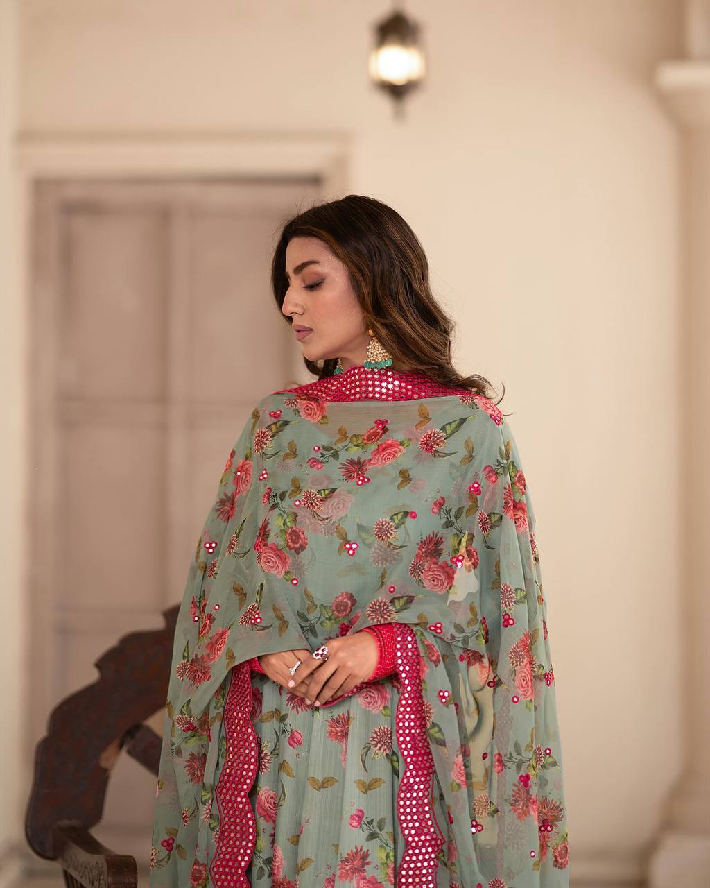 Light Blue Floral Printed Anarkali Kurta Set