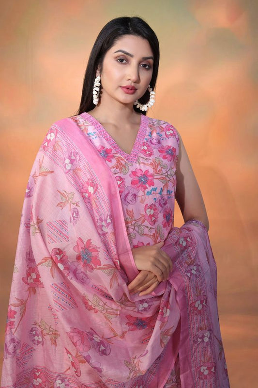 Pink Color Cambric Cotton Fabric Designer Foil Printed Festive Wear Suit