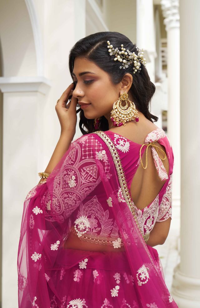 DARK PINK COLOR NET FABRIC LEHENGA CHOLI WITH SEQUINS AND THREAD EMBROIDERY WORK