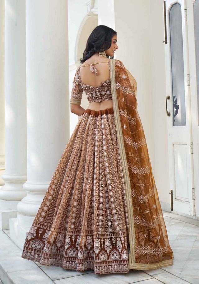 BROWN COLOR NET FABRIC LEHENGA CHOLI