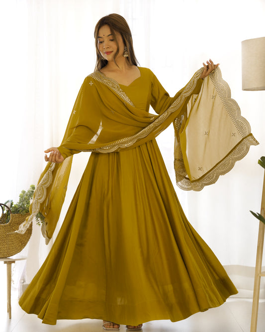 Mustard Pure Romansilk  Chander Kurta Set  With 16 Kali Gown