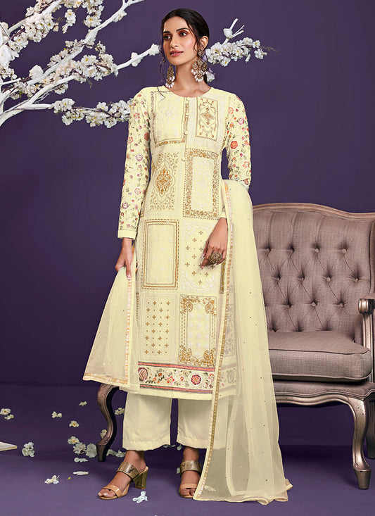 LightYellow Georgette Kurta Set  With Multi Thread, Zari Embroidery