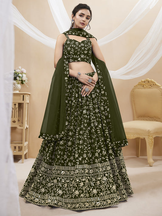 Green Women's Georgette Embroidery Lehenga Choli