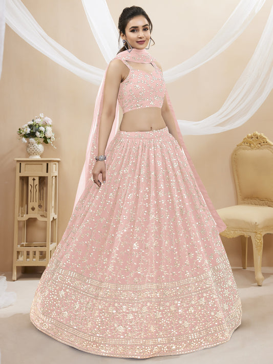 Pink Women's Georgette Embroidery Lehenga Choli