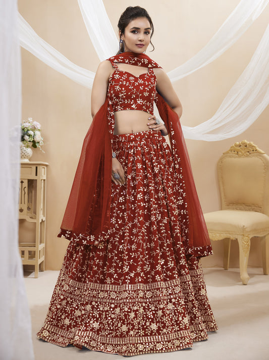 Red Women's Georgette Embroidery Lehenga Choli