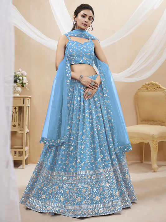 SkyBlue Women's Georgette Embroidery Lehenga Choli