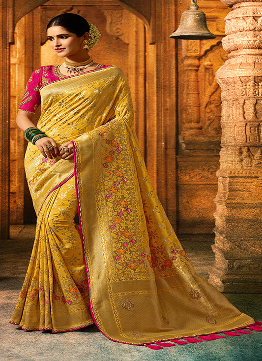 Yellow Woven Embroidery Work Viscose Dola Silk