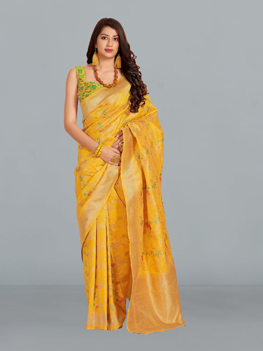 Yellow Zari Woven Work Banarasi Silk Blend