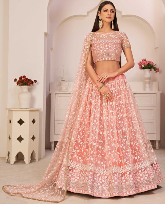 Light-pink embroidered net semi stitched lehenga