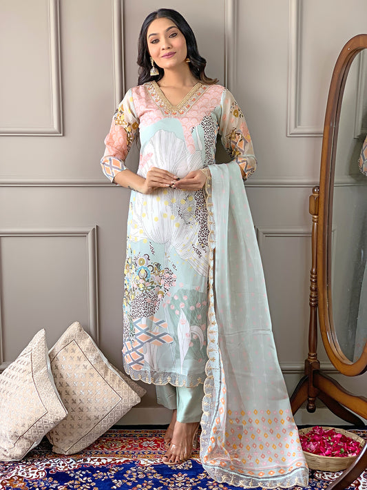 Pista Printed Organza Fabric Straight Kurta, Pant and Dupatta Set