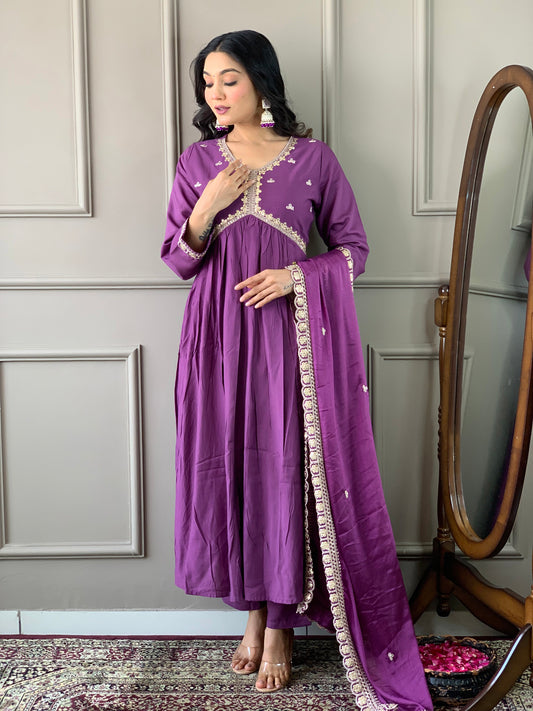 Purple Embroidered Viscose Fabric Straight Kurta, Pant and Dupatta Set