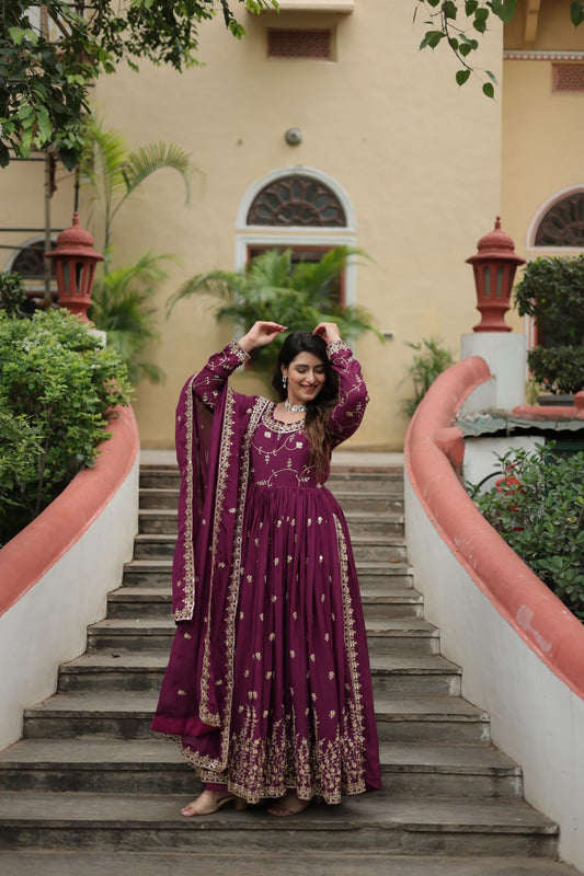 Wine Floral Embroidery Kurta set