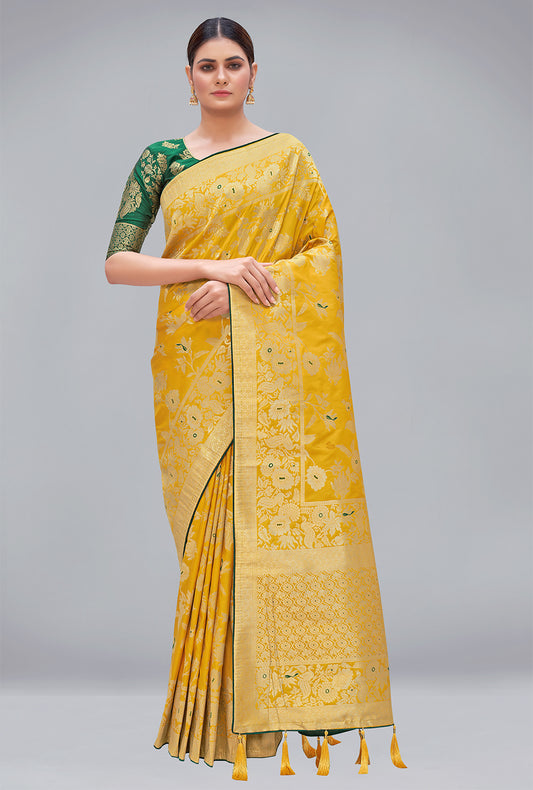 Yellow Zari Woven Work Banarasi Silk Blend Woven