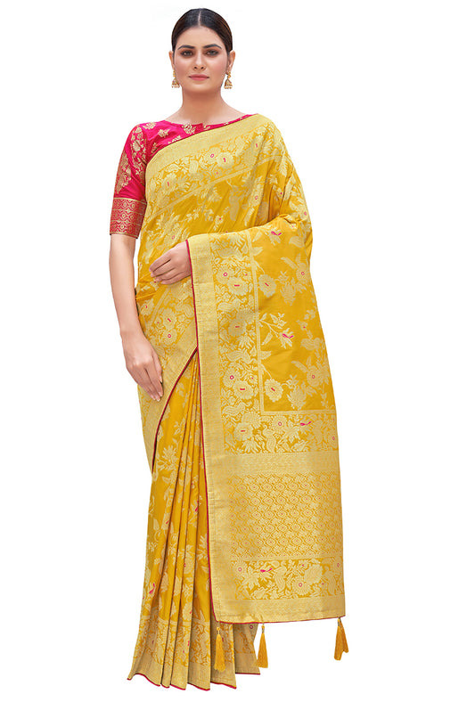 Yellow Zari Woven Work Banarasi Silk Blend Woven