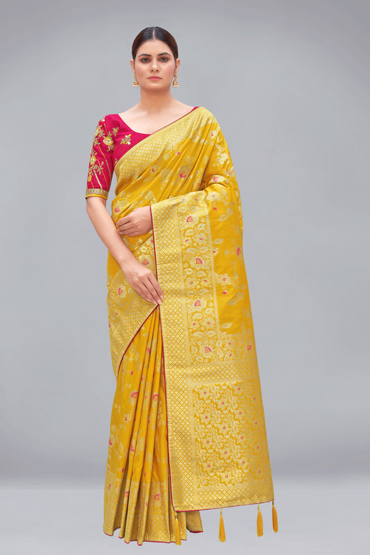 Yellow Zari Woven Work Banarasi Silk Blend Woven