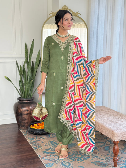 Women Embroidered Viscose Kurta Pant and Dupatta set