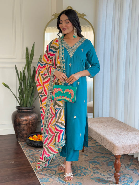 Women Embroidered Viscose Kurta Pant and Dupatta set