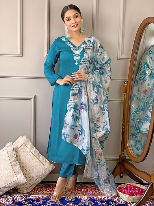 Rama Green Viscose Embroidery Kurta