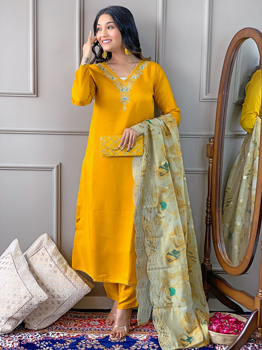 Gorgeous Embroidered Viscose Fabric Straight Kurta, Pant and Dupatta Set