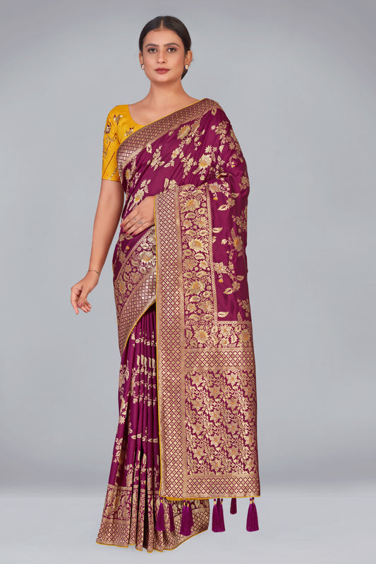 Dark Magenta Zari Woven Work Banarasi Silk Blend Woven