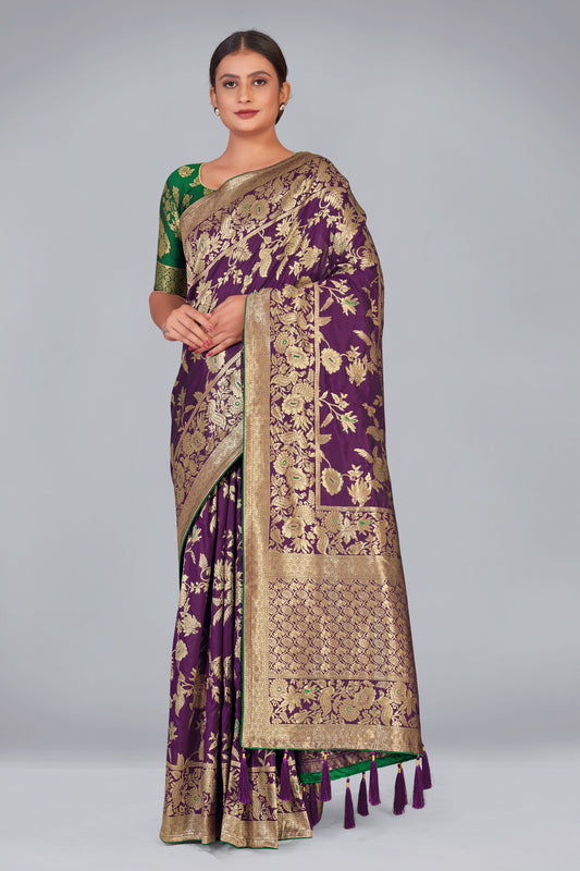 Dark Purple Zari Woven Work Banarasi Silk Blend Woven