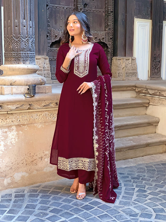 Wine Embroidered Viscose Fabric Straight Kurta, Pant and Dupatta Set