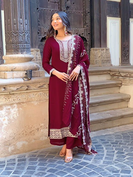 Wine Silk Embroidery Kurta