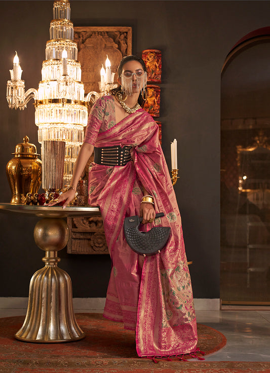 Pink woven saree