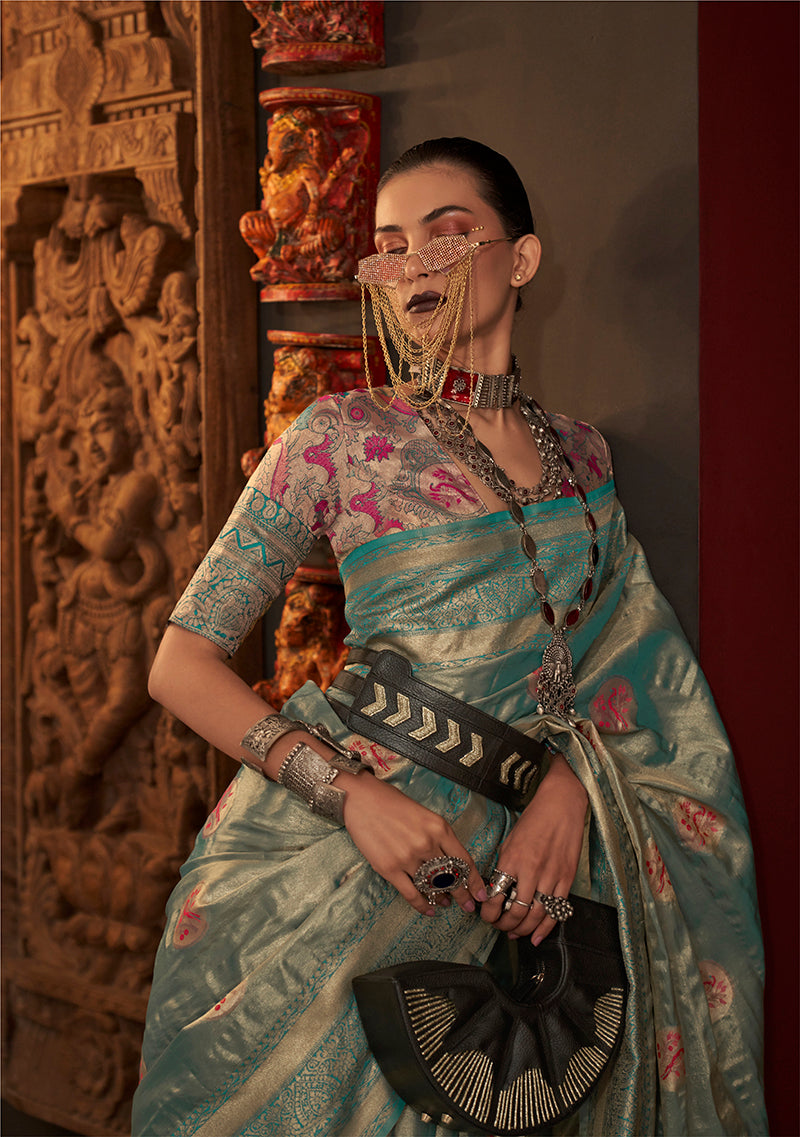 Turquoise woven saree