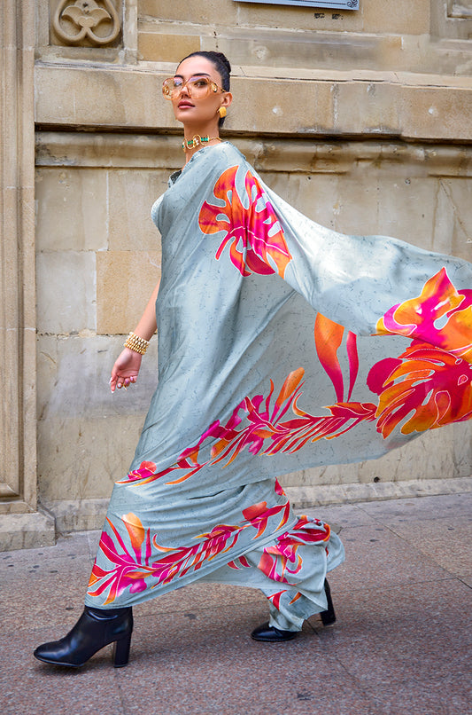 Â Slate grey printed saree