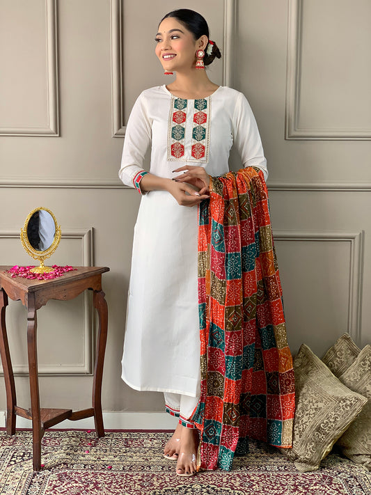 White Embroidered Viscose Fabric Straight Kurta, Pant and Dupatta Set