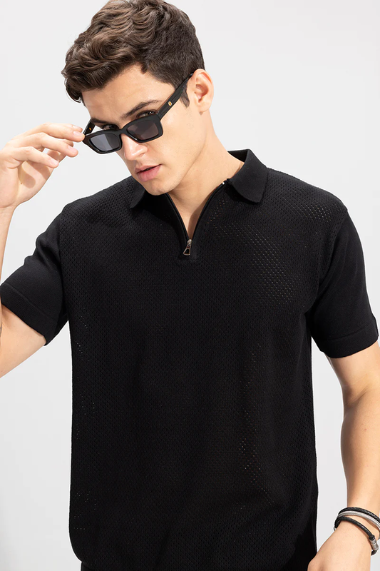 MESH KNIT BLACK POLO T-SHIRT