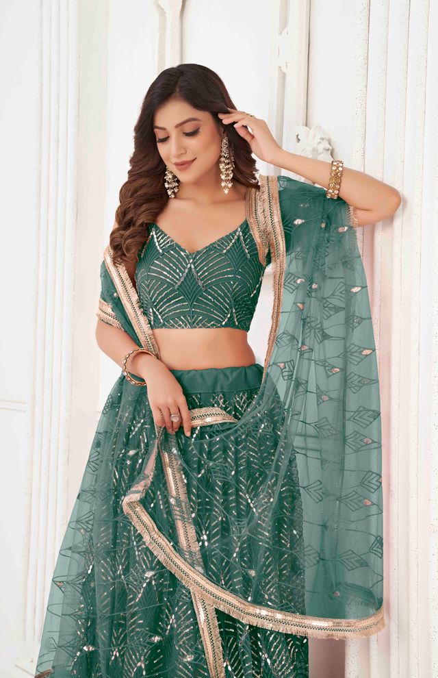 GREEN COLOR NET FABRIC LEHENGA CHOLI