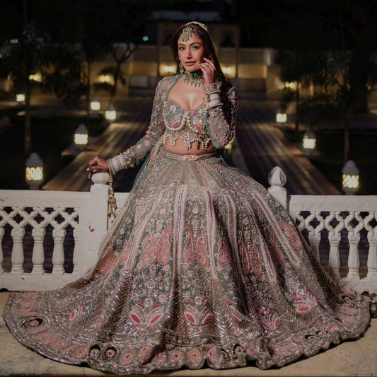 Sage Green Silk Lehenga with Pearl Work